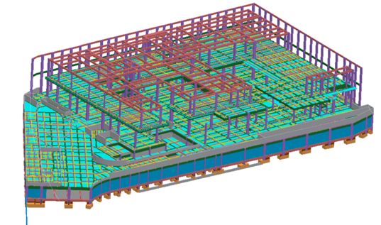 TRB Model of SJ House displaying rebar structures and reinforcement layouts modeled in Glodon Cubicost TRB, used for accurate rebar estimation and construction planning.